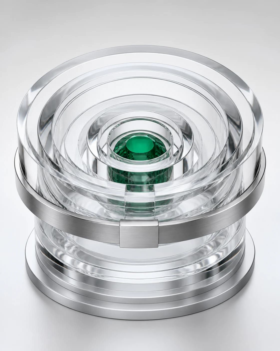 Concentric glass audit vault surrounding an emerald core