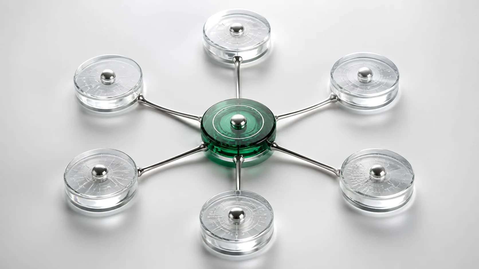 Six clear glass data nodes connected to one emerald decision core